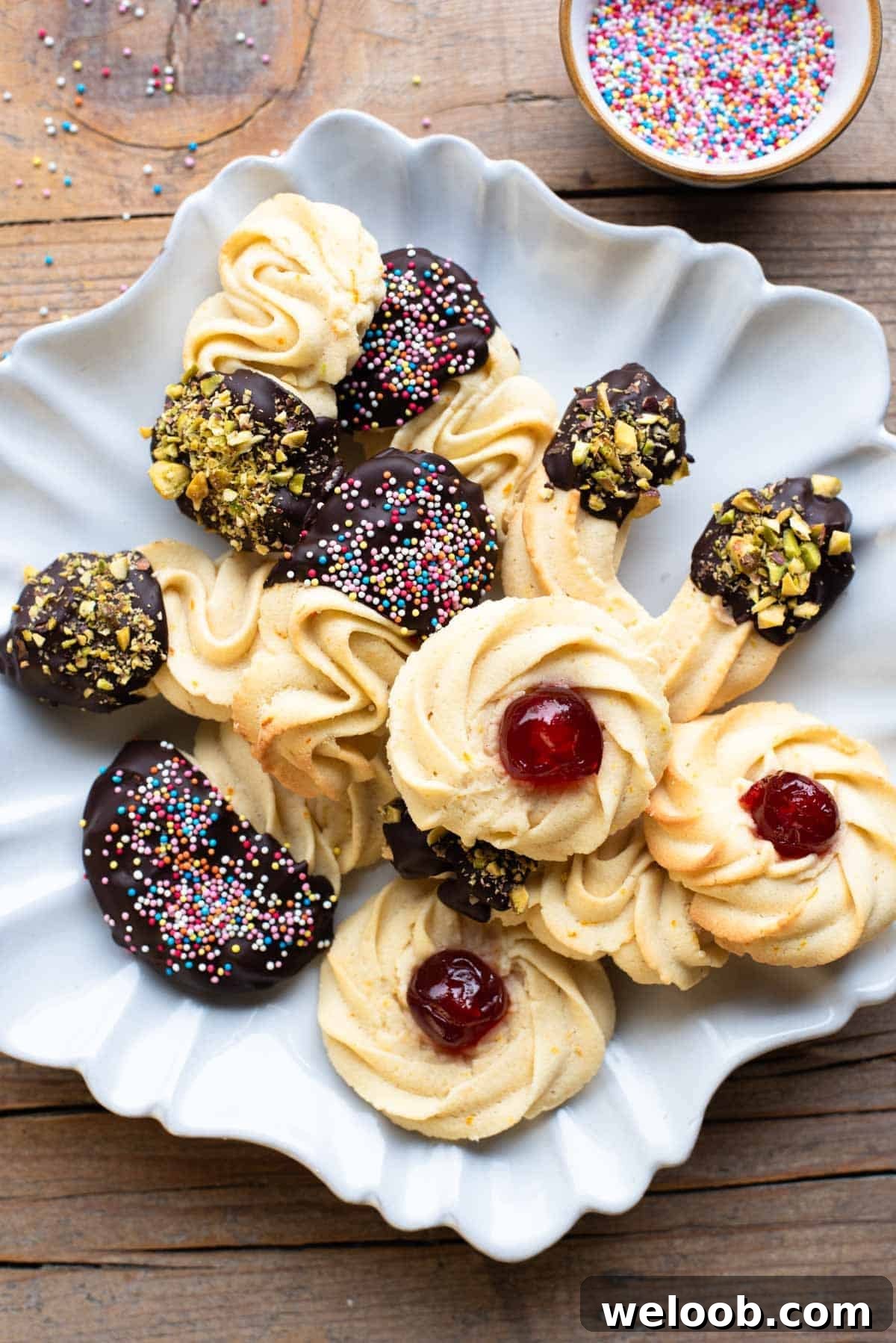 An overhead shot of Italian butter cookies on a star shaped plate covered with chopped nuts and sprinkles. The background is wooden.