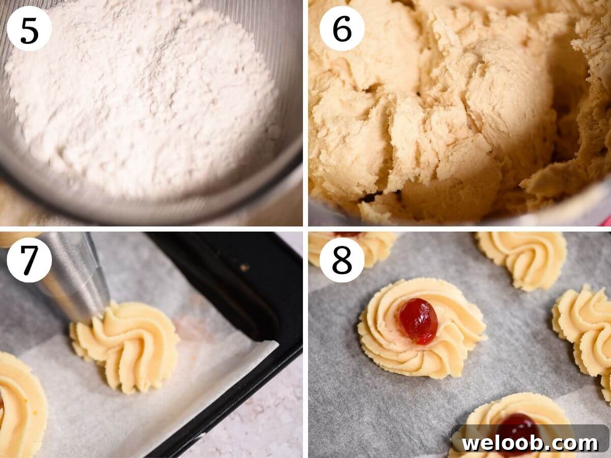 Four photos in a collage showing how to make cookie dough and pipe them onto a baking sheet.