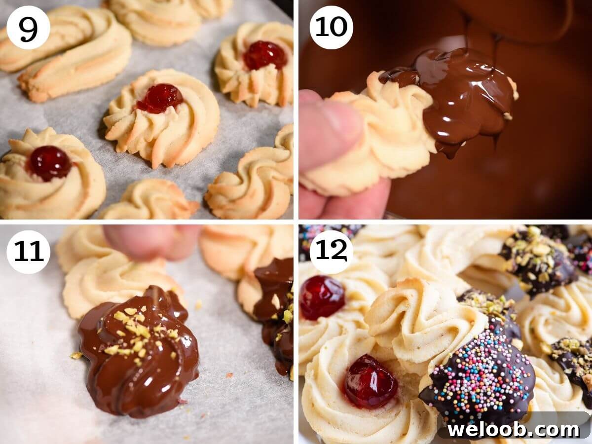 Four photos in a collage showing how to bake and decorate Italian butter cookies with chocolate, cherries and chopped nuts.
