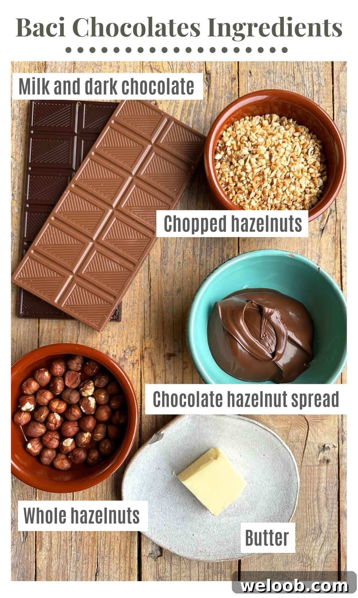 An overhead shot of all the ingredients needed to make homemade Italian Baci chocolates.