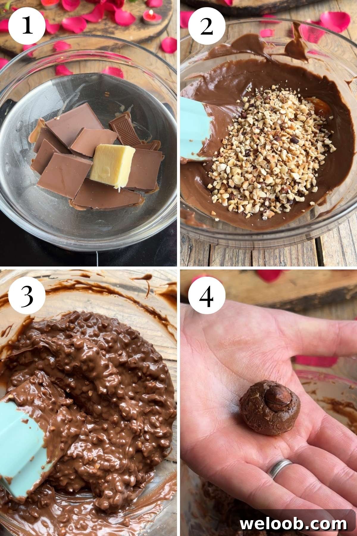 Four photos in a collage showing how to make Italian hazelnut chocolates from scratch.