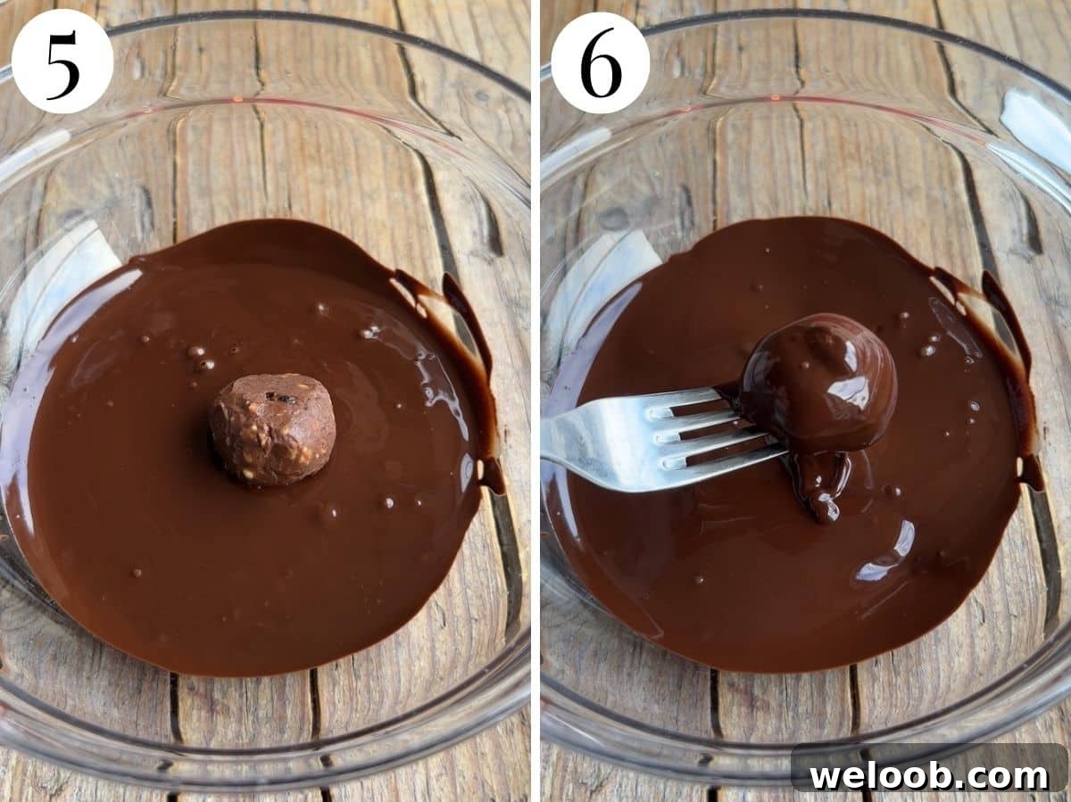 Two photos in a collage showing how to dip the chocolates in melted dark chocolate.