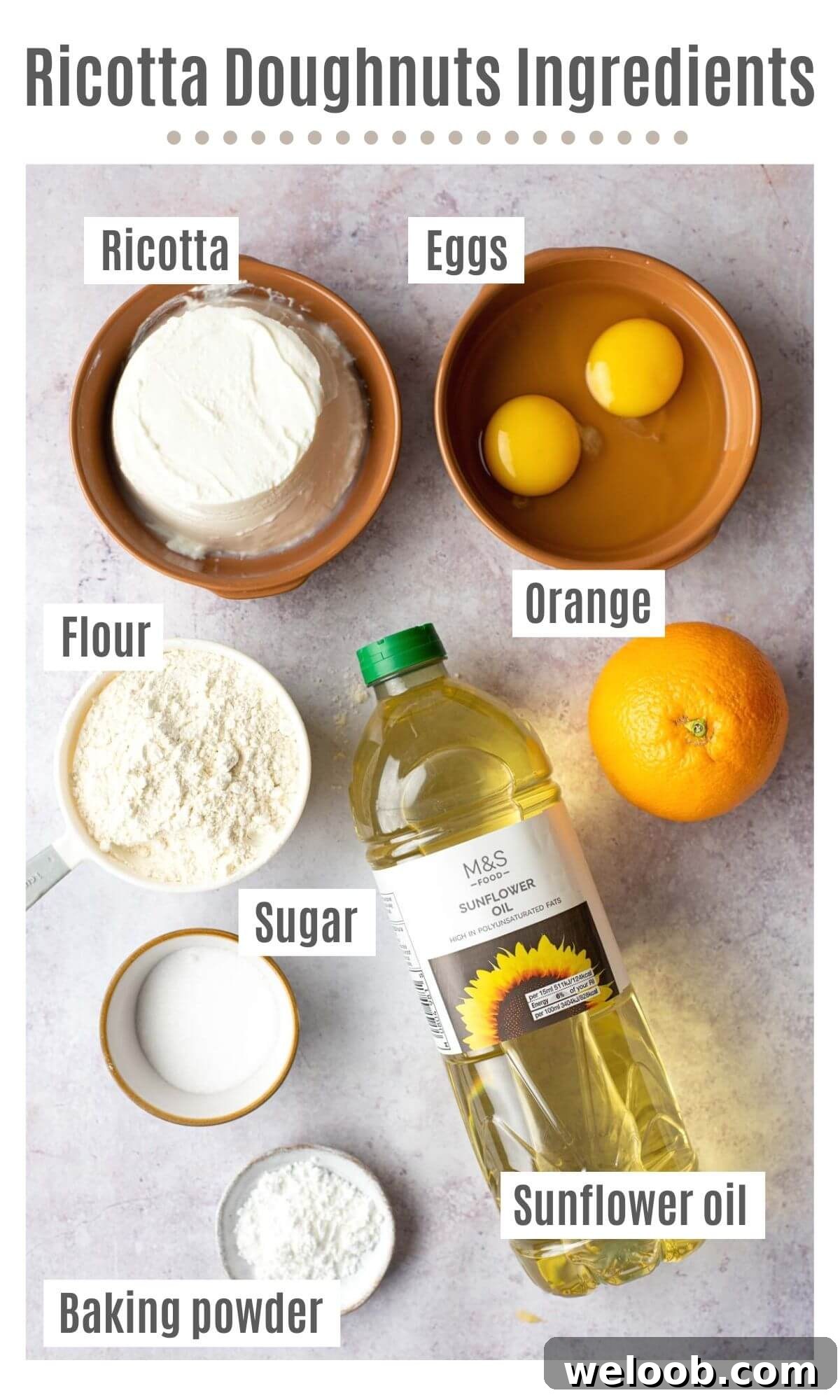 An overhead shot of all the ingredients you need to make Italian ricotta doughnuts with orange zest
