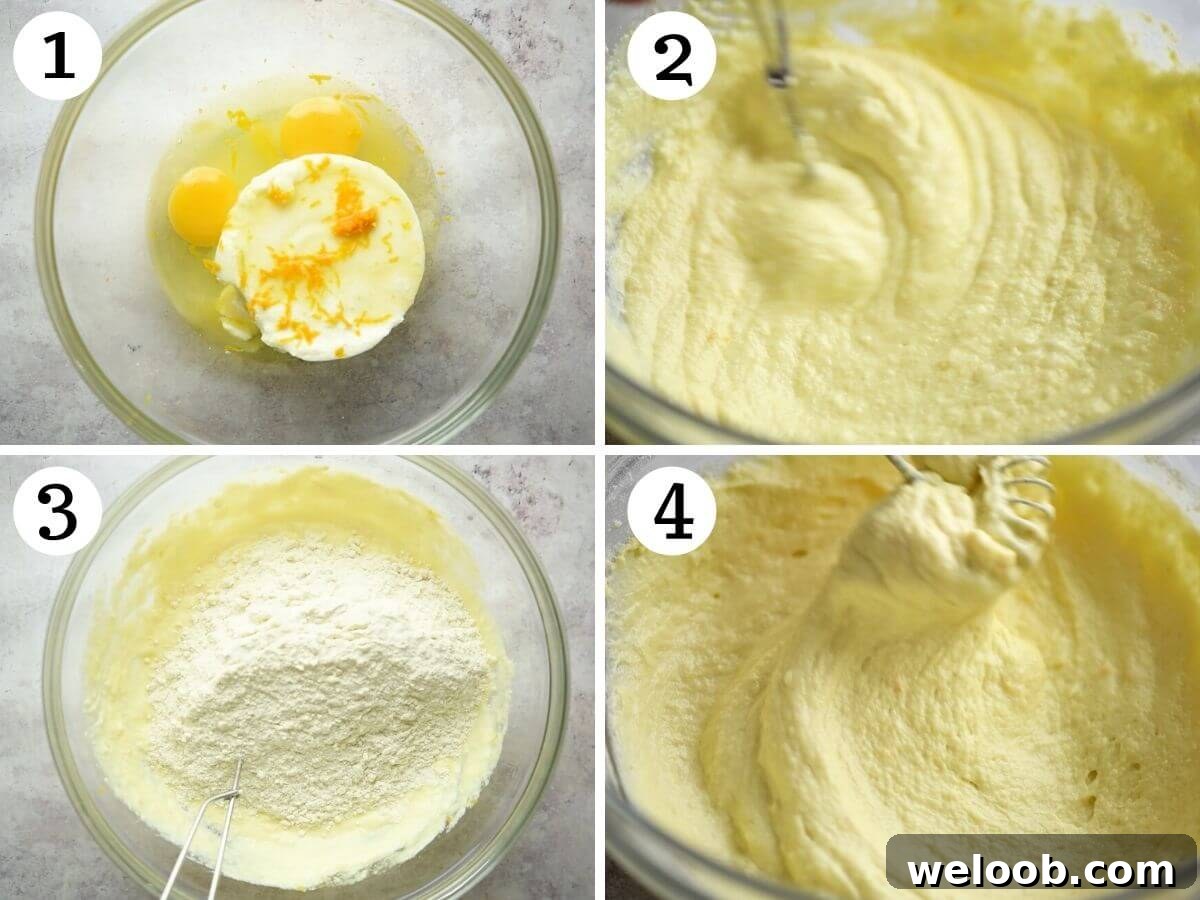 Four photos in a collage grid showing how to mix wet and dry ingredients together