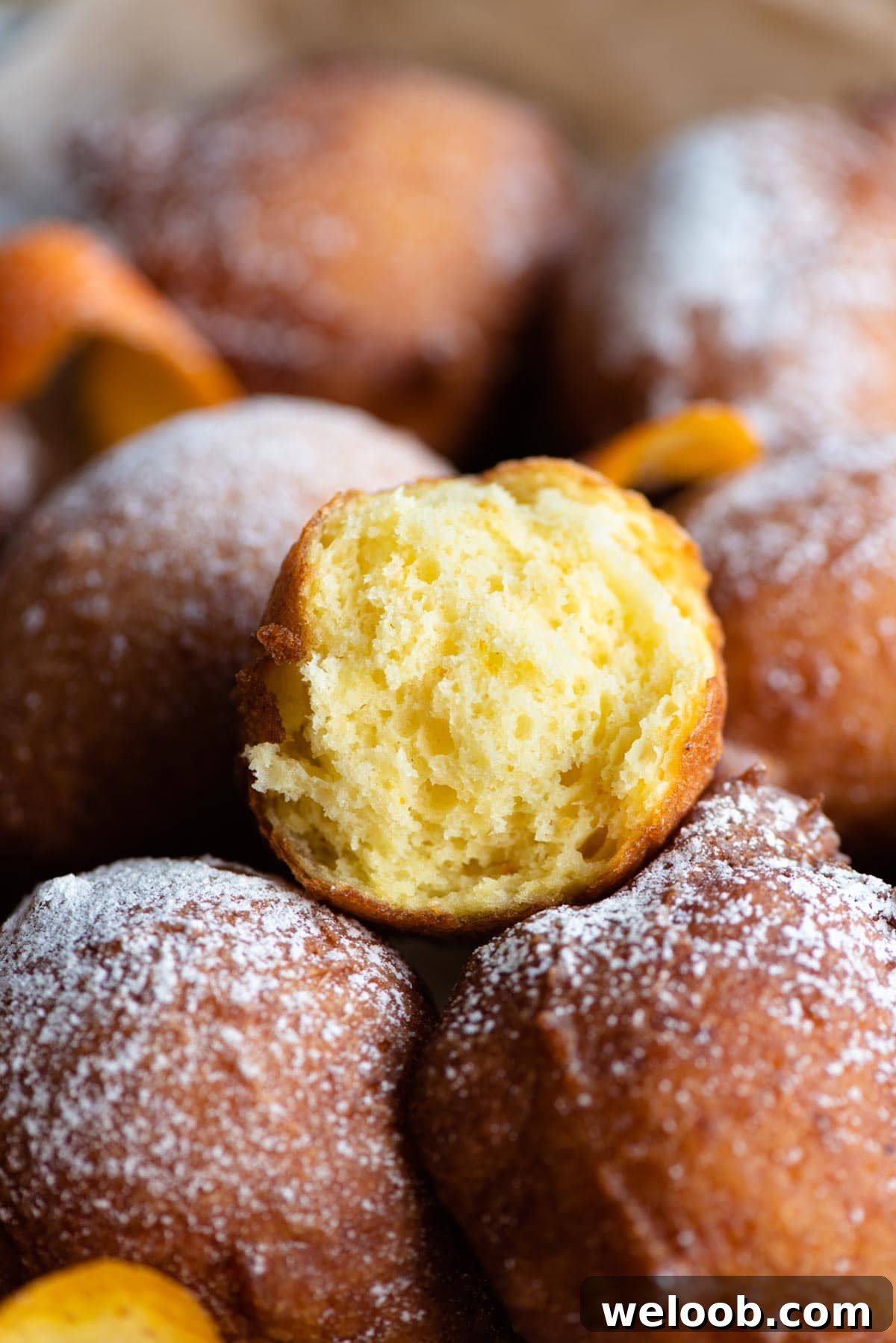 A close up of a ricotta doughnut cut in half