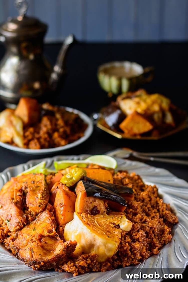 Senegalese dinner on serving platter: rice, fish and vegetables