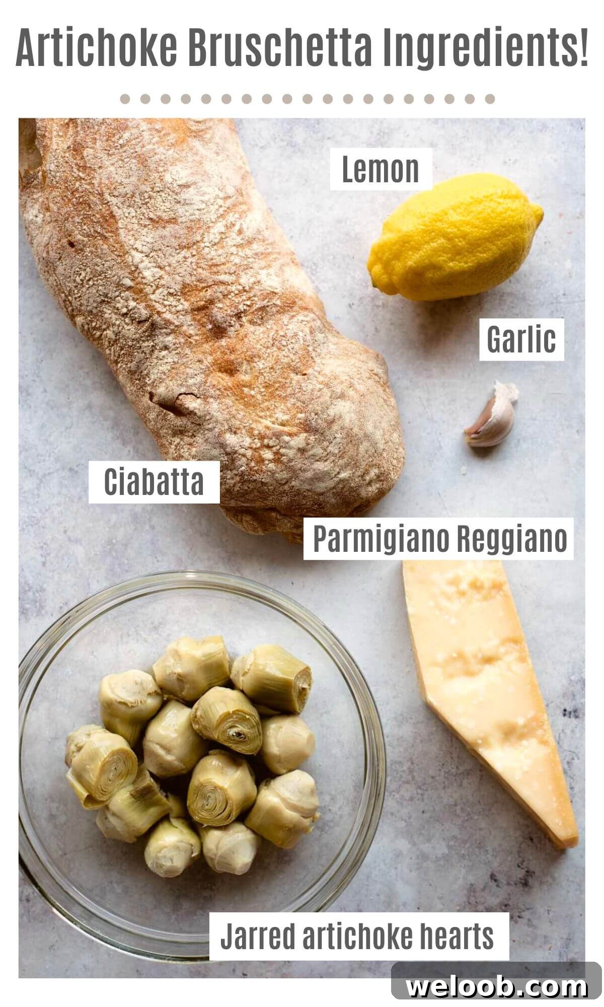 An overhead shot of all the ingredients needed to make Artichoke Bruschetta.