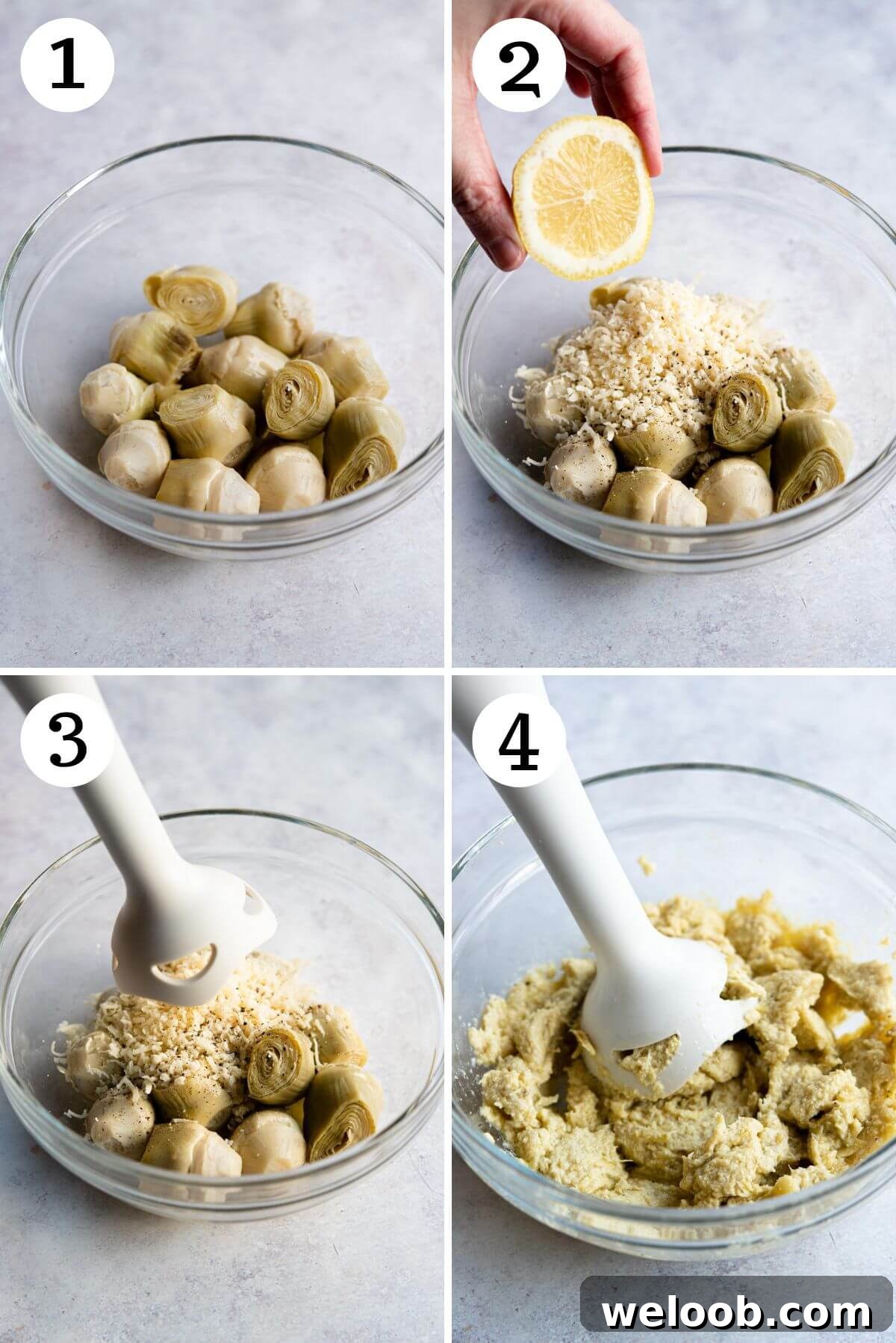 Four photos in a collage showing how to make artichoke pesto.