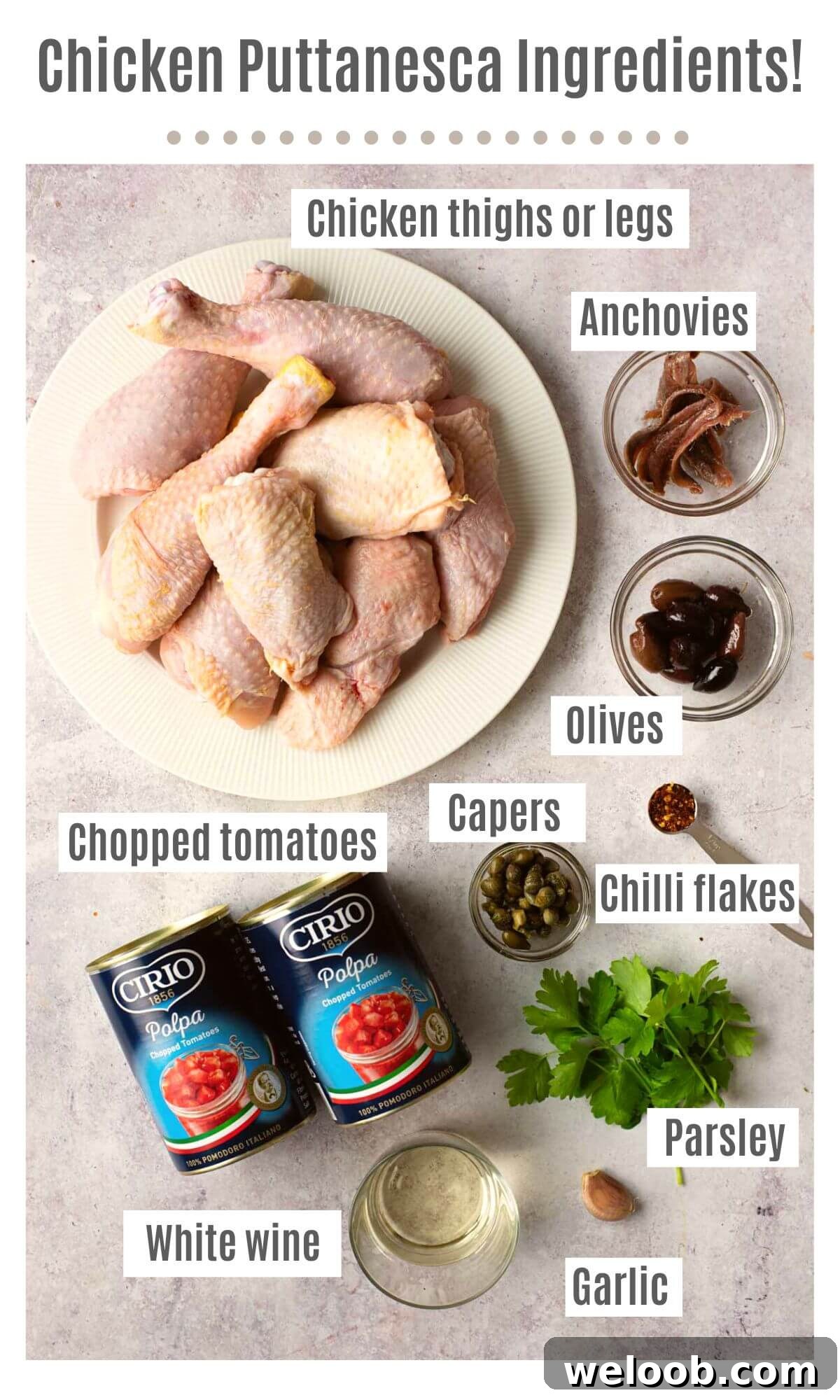 An overhead shot of labelled ingredients needed to make chicken puttanesca; chicken thighs or legs, anchovies, olives, capers, chilli flakes, chopped tomatoes, parsley, garlic and white wine.