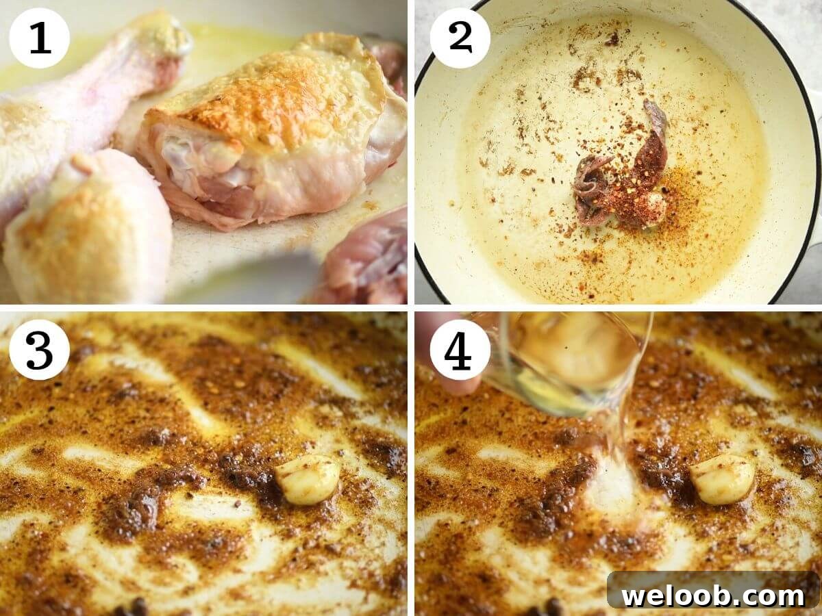 Four photos in a collage showing how to brown chicken and sauté anchovies and garlic.