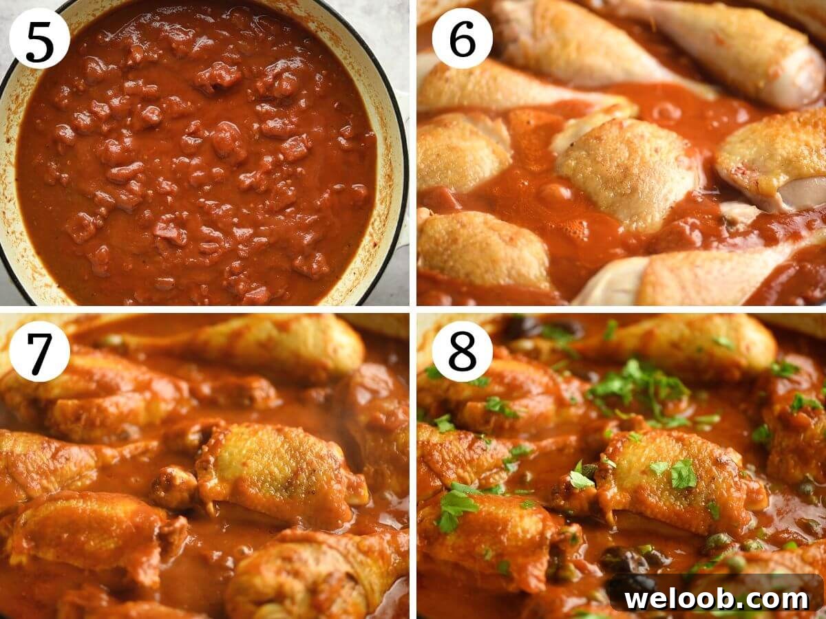 Four photos in a collage showing how to make chicken in puttanesca sauce.
