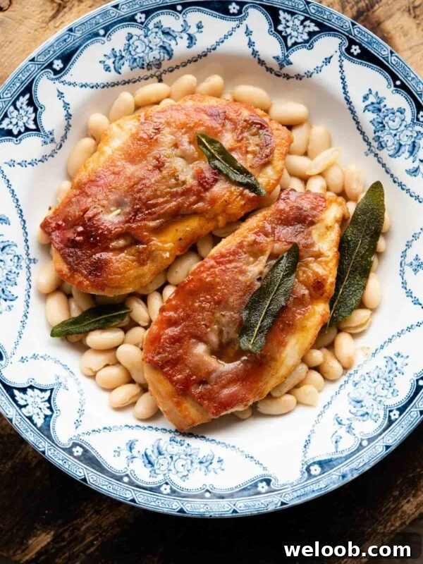 Two pieces of chicken saltimbocca on a plate on top of cannellini beans.