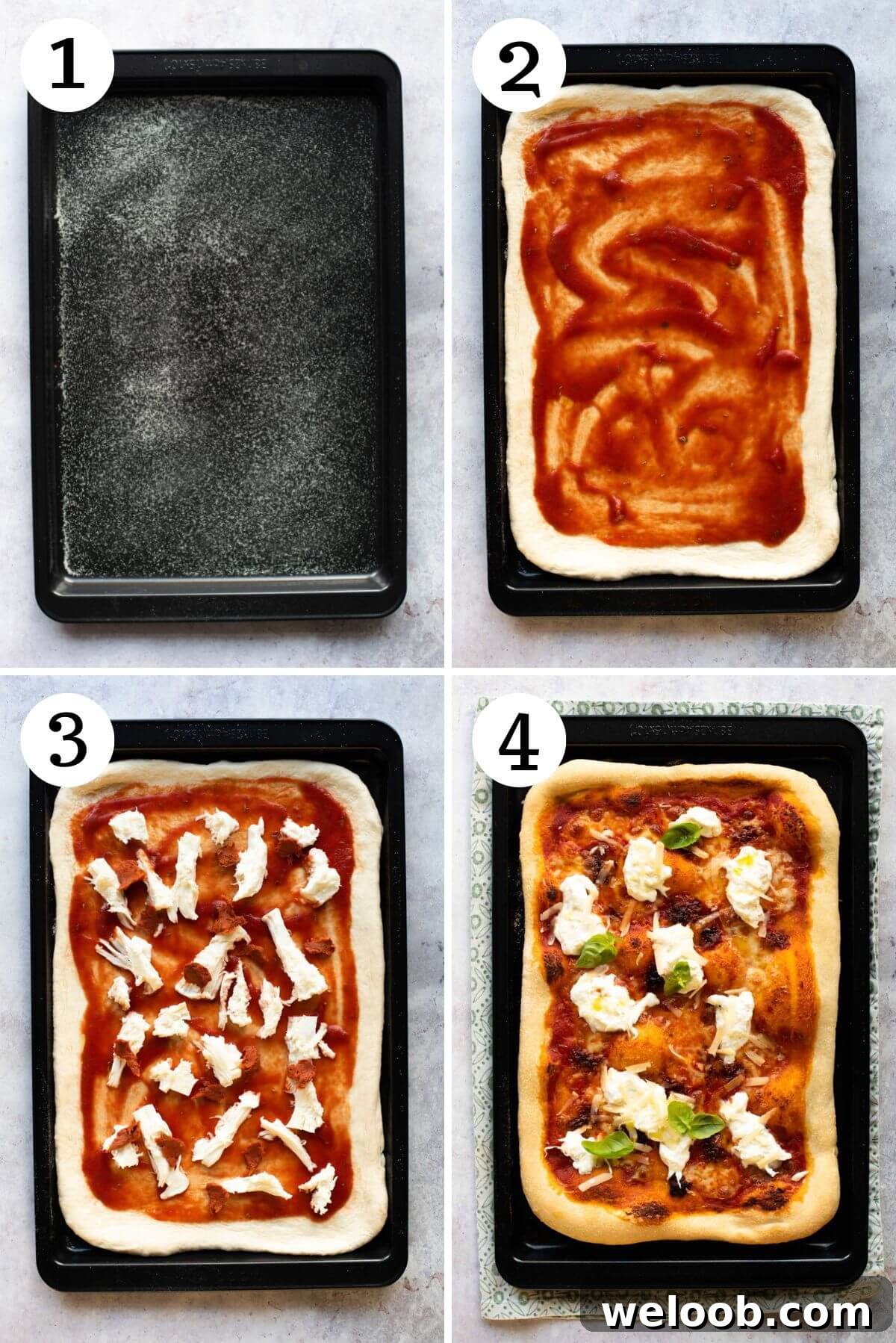 Four step by step photos in a collage showing how to make a pizza with Nduja and burrata.