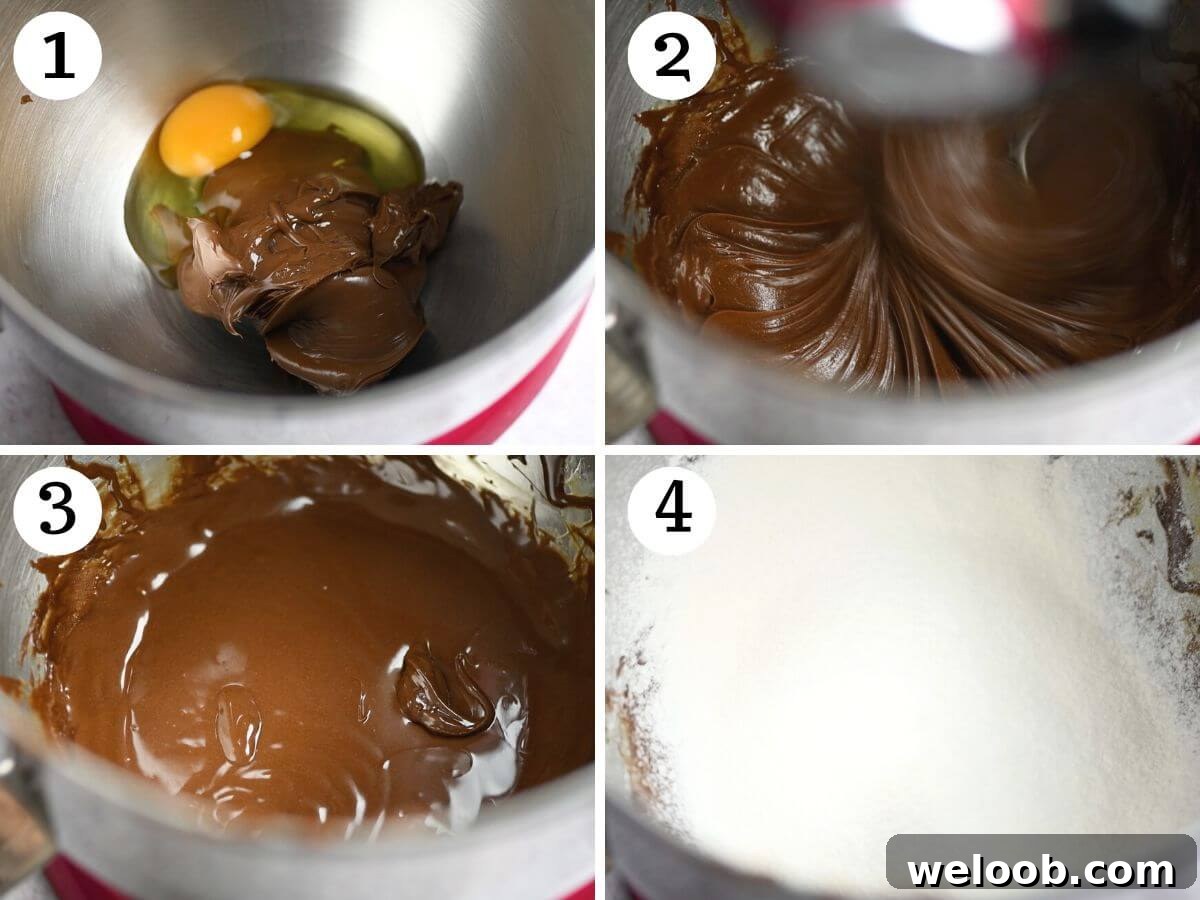 Four photos in a collage showing how to mix Nutella, eggs and flour together.