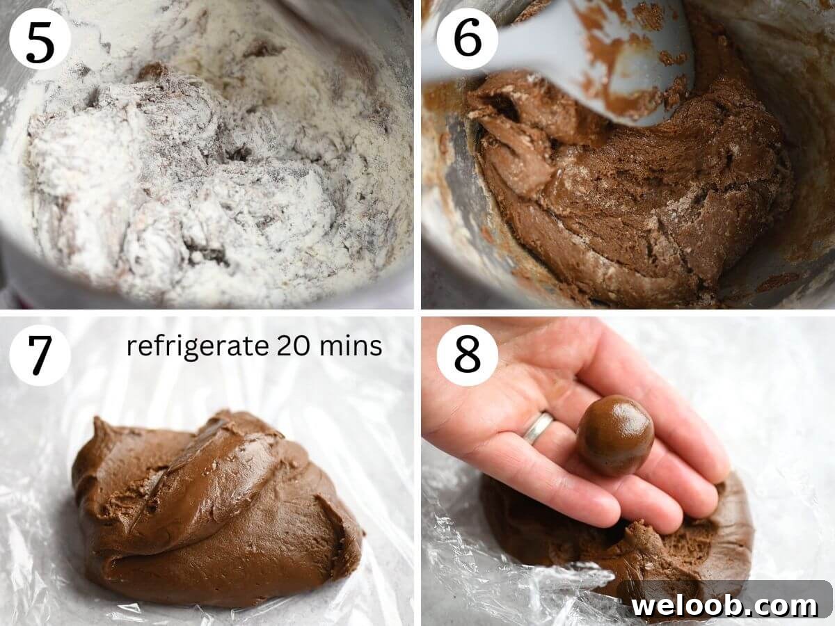 Four photos in a collage showing how to make Nutella cookie dough and roll it into balls.