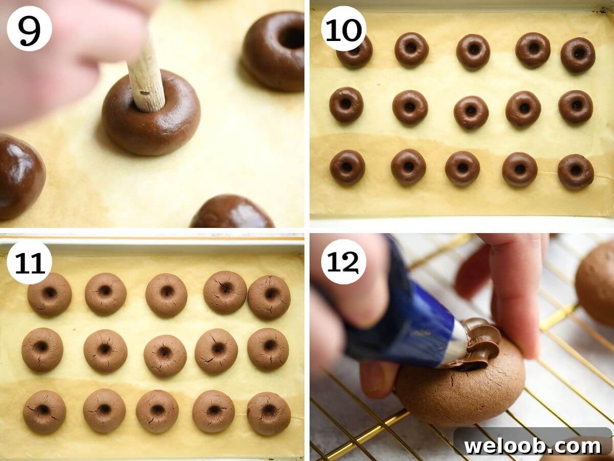Four photos in a collage showing the Nutella cookies before and after baking and how to fill them with Nutella.