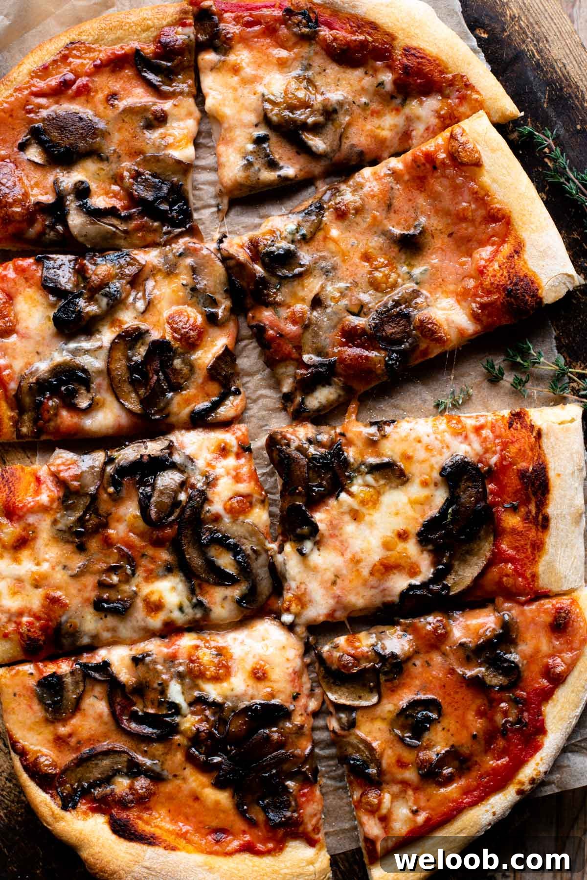 An overhead shot of a Taleggio and Mushroom Pizza cut into 8 slices.