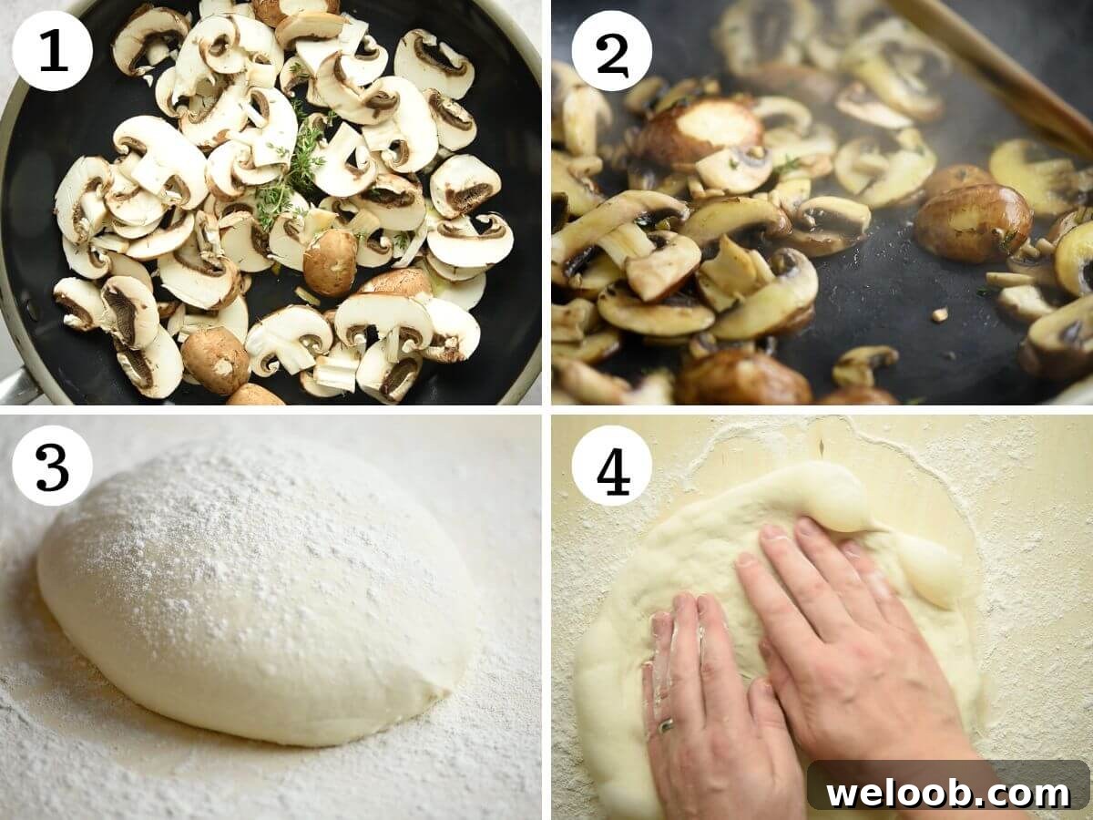 Four photos in a collage showing how to saute mushrooms and roll out pizza dough.