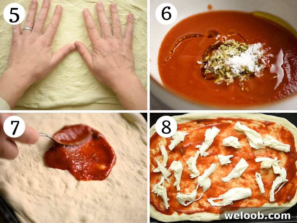 Four photos in a collage showing how to make pizza sauce and add toppings to a pizza.