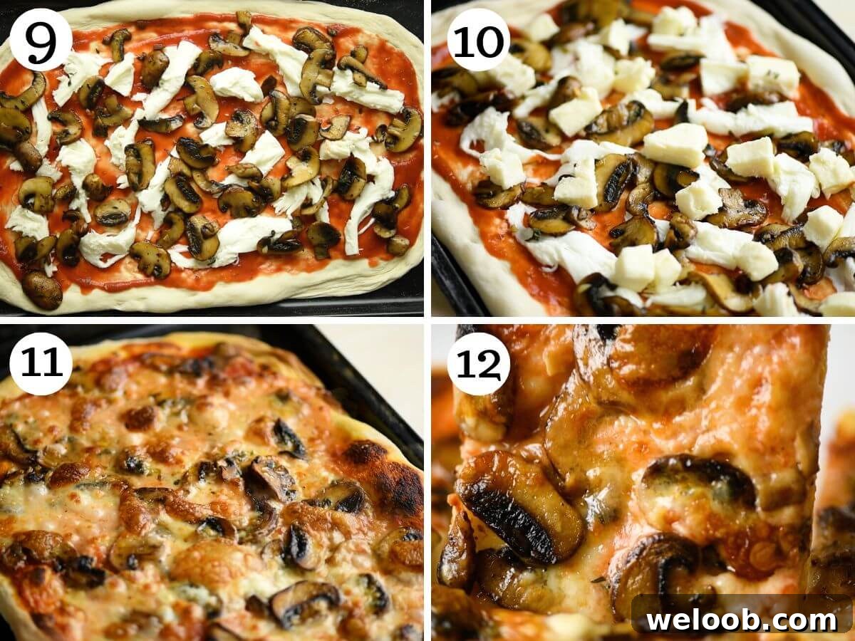 Four photos in a collage showing how to make a mushroom pizza.