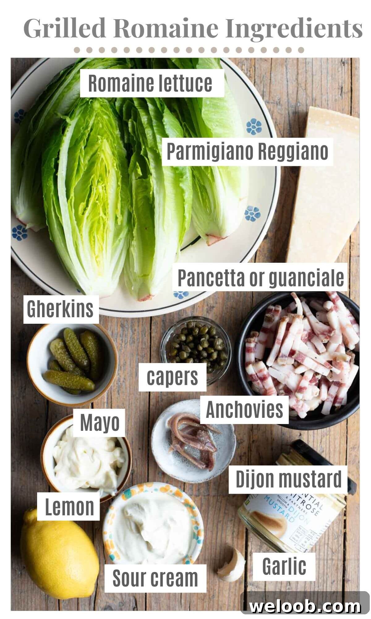 An overhead shot of all the ingredients needed to make a grilled romaine salad with a creamy dressing and pancetta.