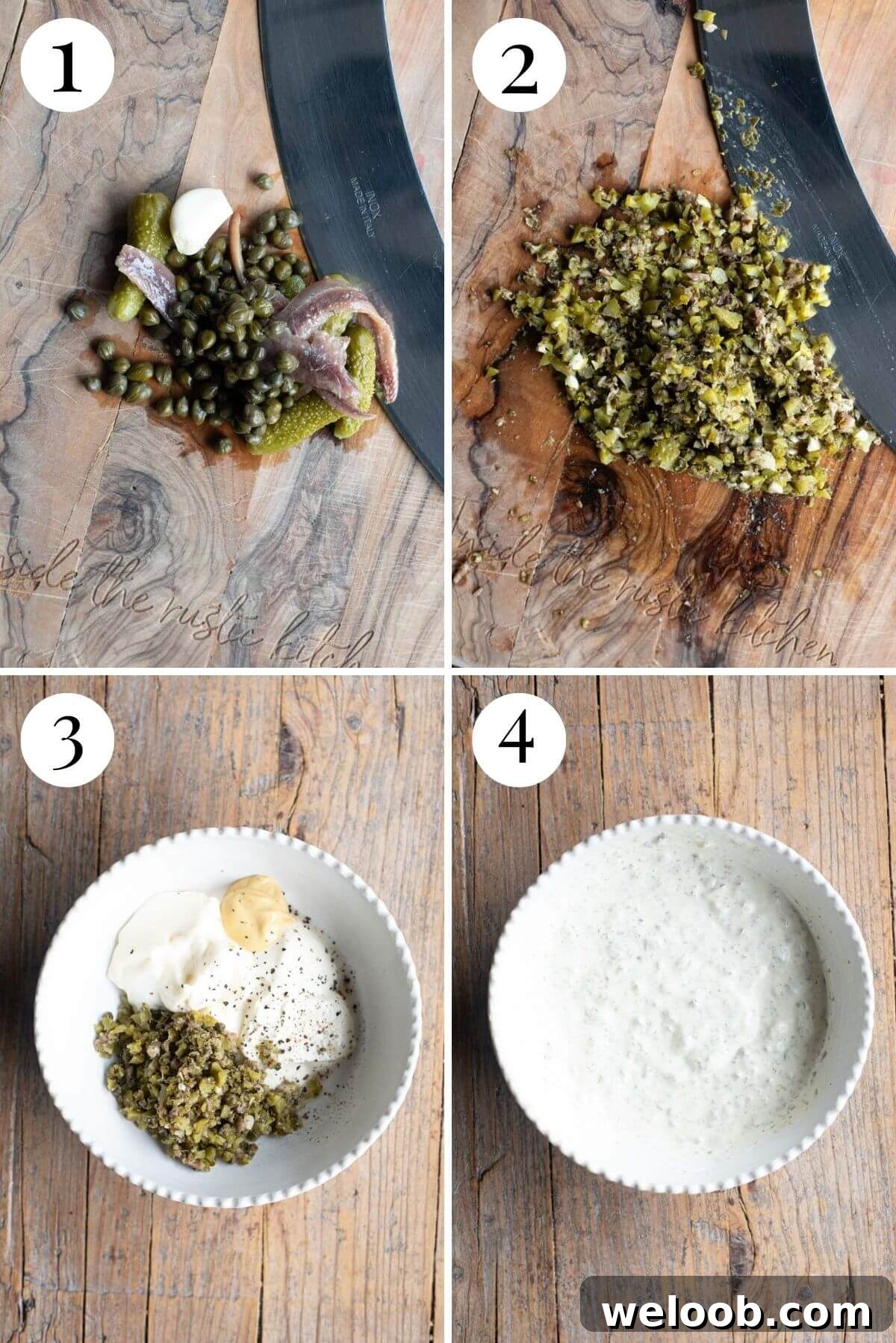 Four photos in a collage showing how to make a creamy caper dressing.