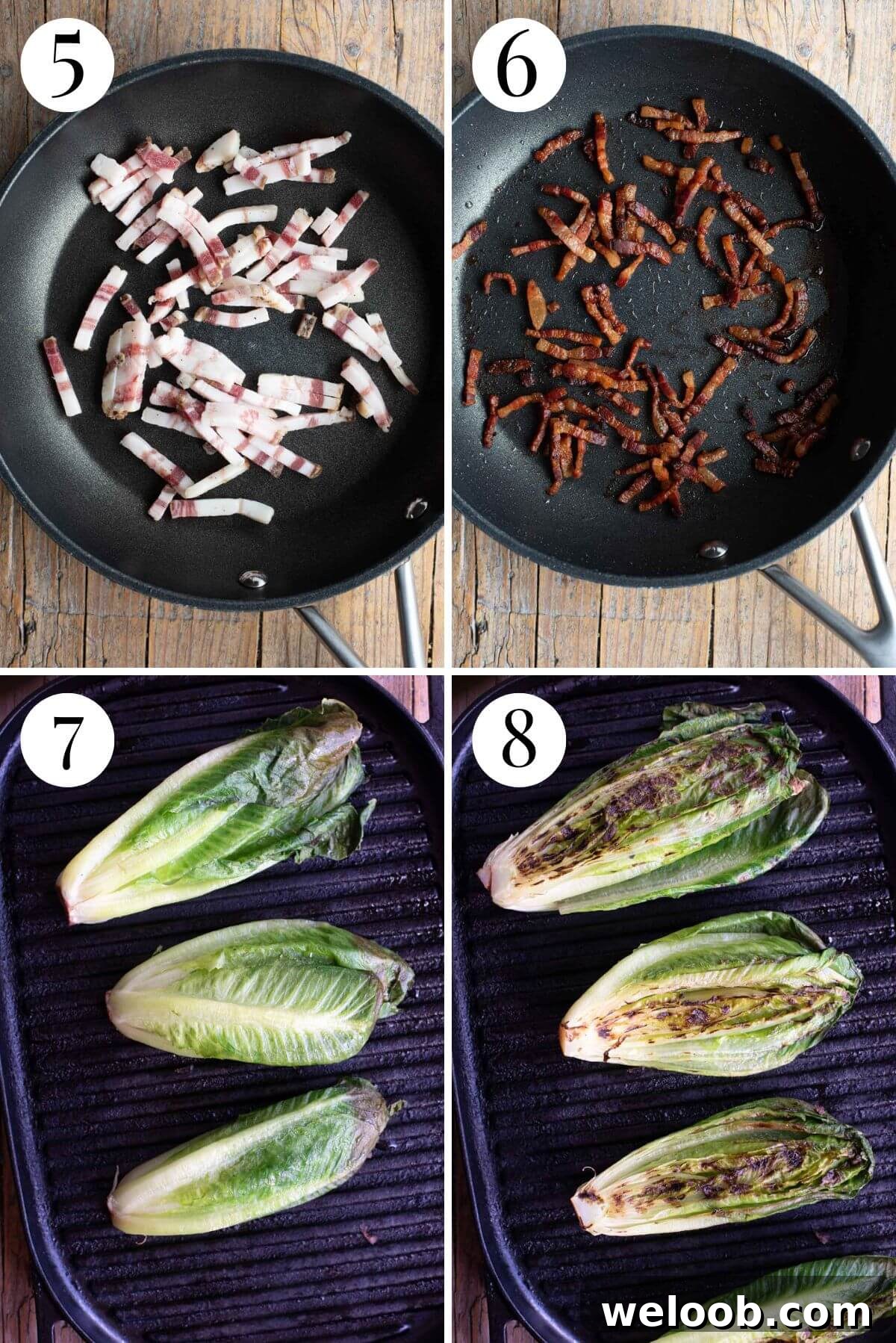 Four photos in a collage showing how to fry pancetta and grill romaine lettuce.