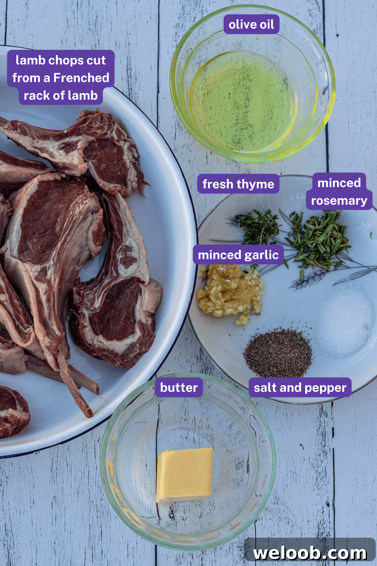 Labeled ingredients for pan seared lamb chops.