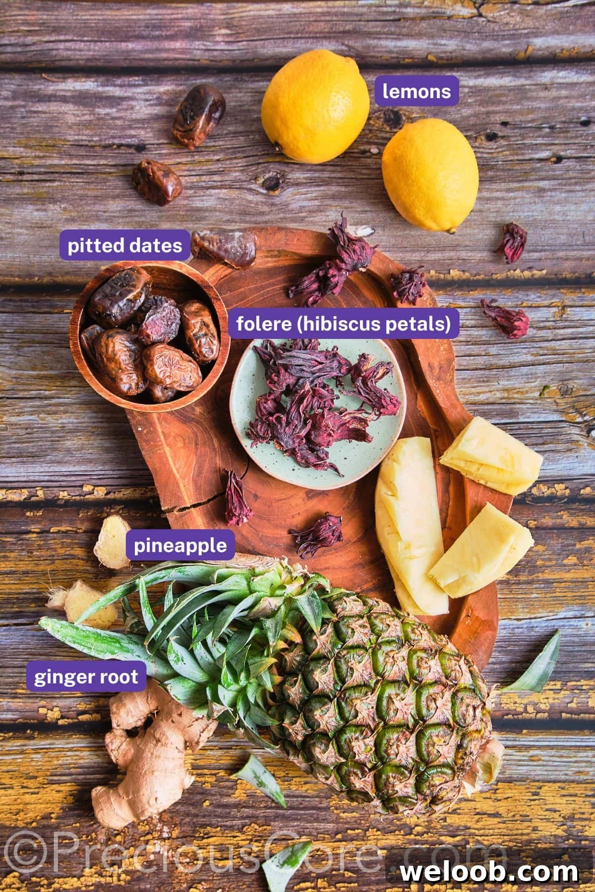 Ingredients for Folere Drink with labels on them.