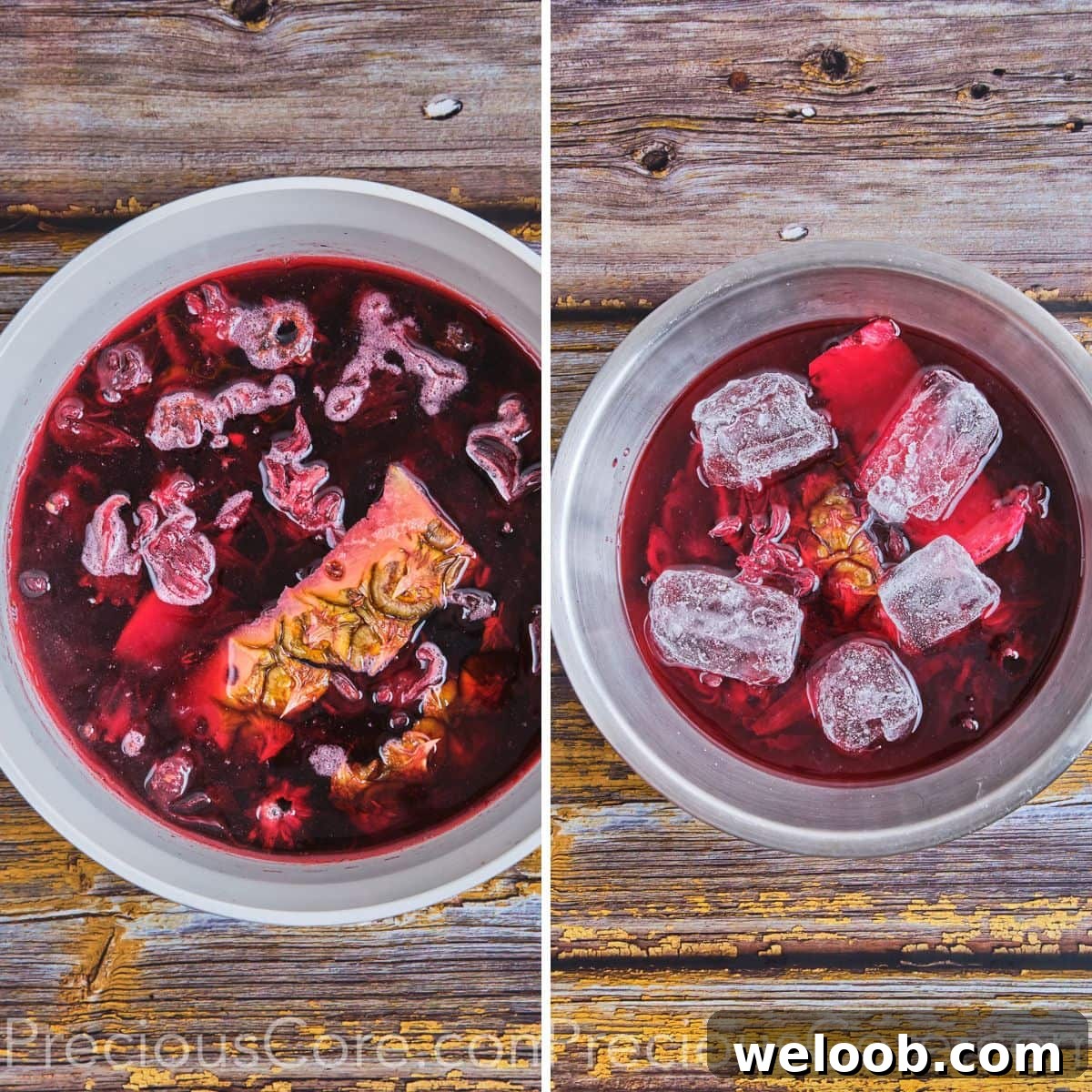 Boiled hibiscus drink with pineapple peels being cooled with ice.