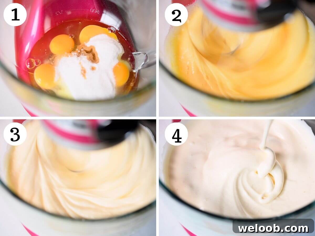 Four photos in a collage showing how to beat eggs and sugar until thick and fluffy using a stand mixer.