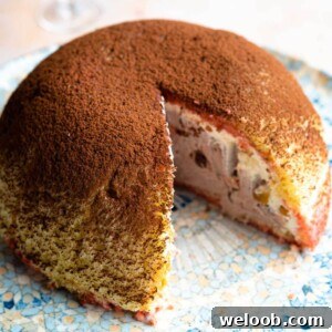 A close up cropped image of an Italian Zuccotto dessert with a slice cut out.