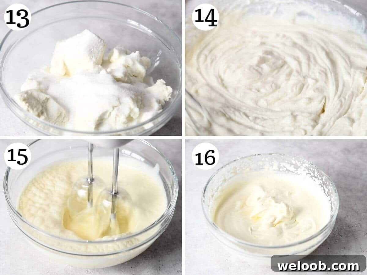 Four photos in a collage showing how to whisk sugar and ricotta together and whip cream to soft peaks.