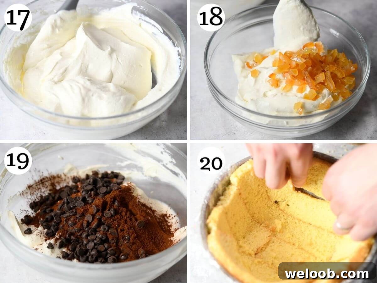 Four photos in a collage showing how to make two different ricotta creams (white and chocolate) for Zuccotto.