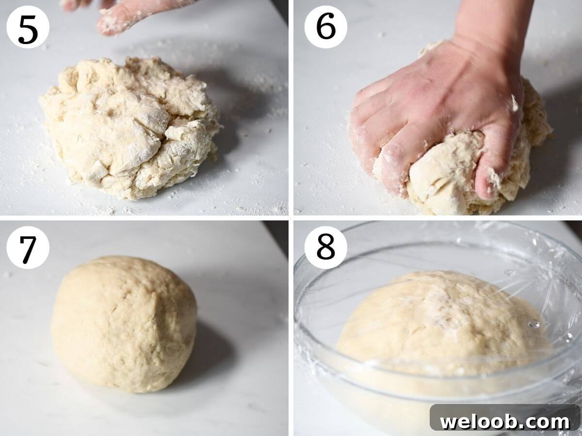 Four photos in a collage showing how to knead Gnocco Fritto dough and before and after proving.