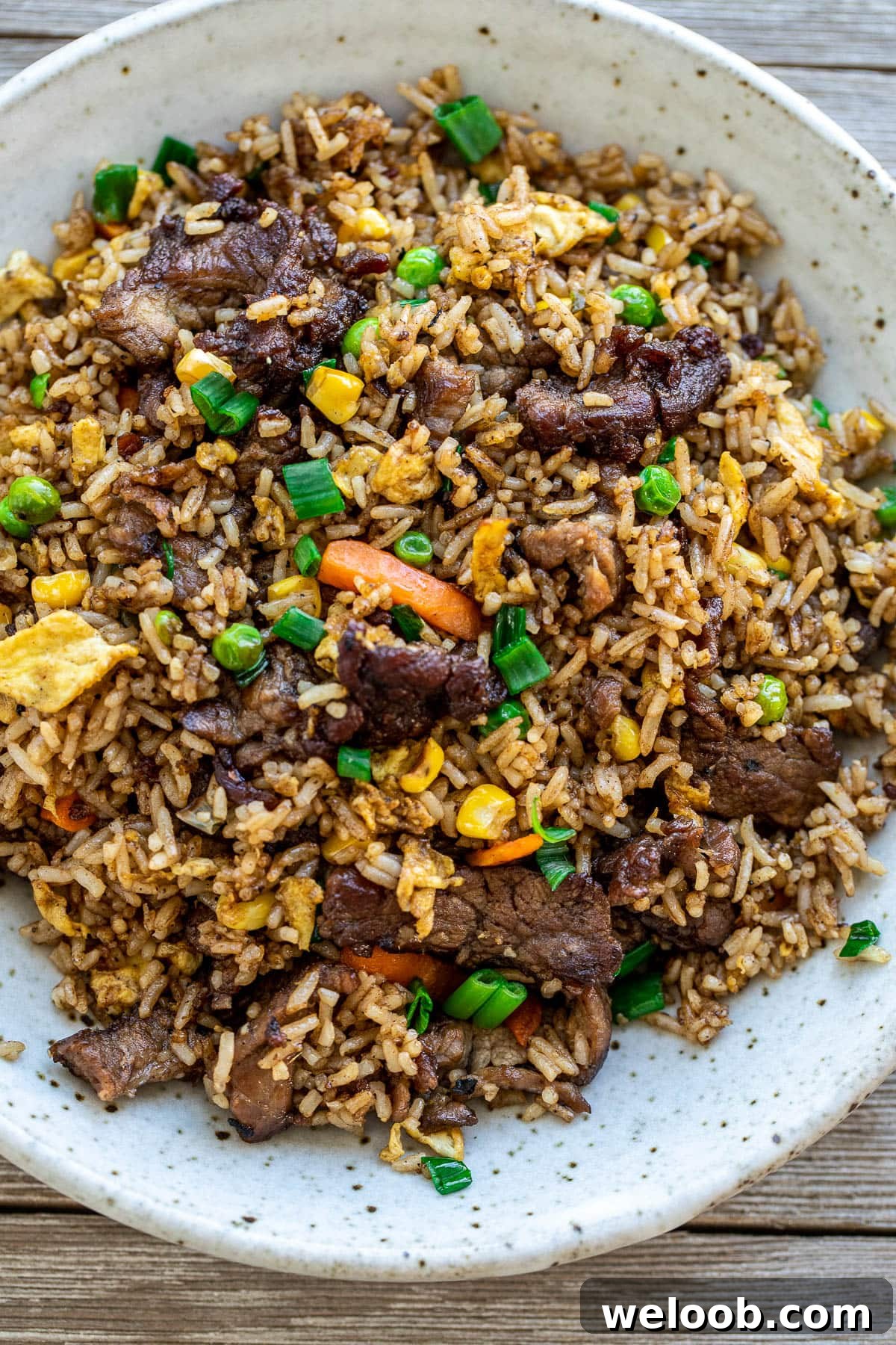 Bowl of steak fried rice.