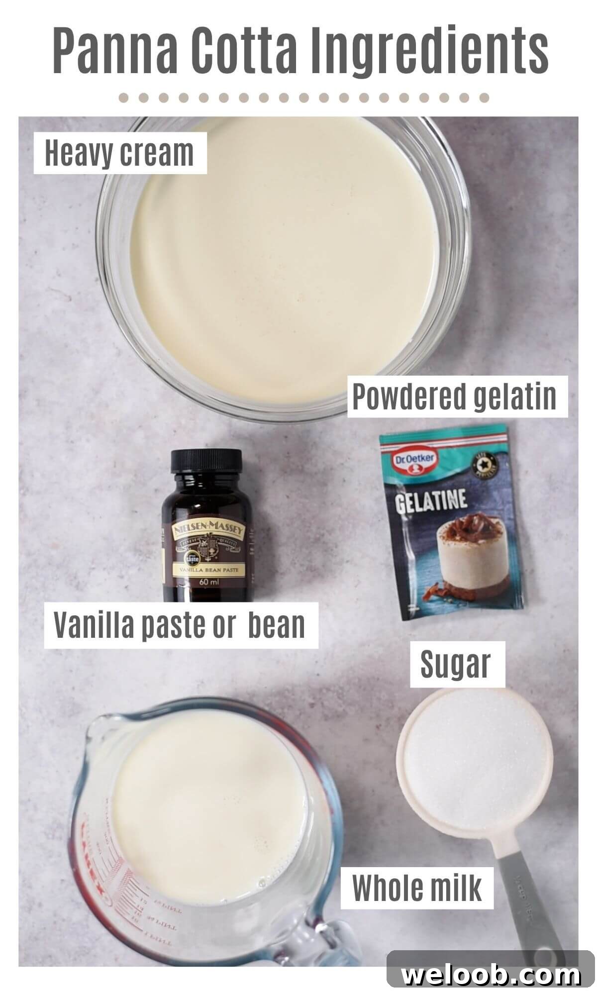 An overhead shot of all the ingredients you need to make a classic Panna Cotta.
