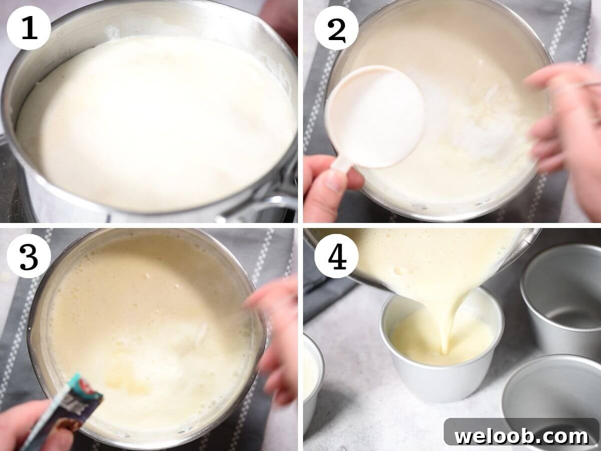 Four photos in a collage showing how to make a classic panna cotta.