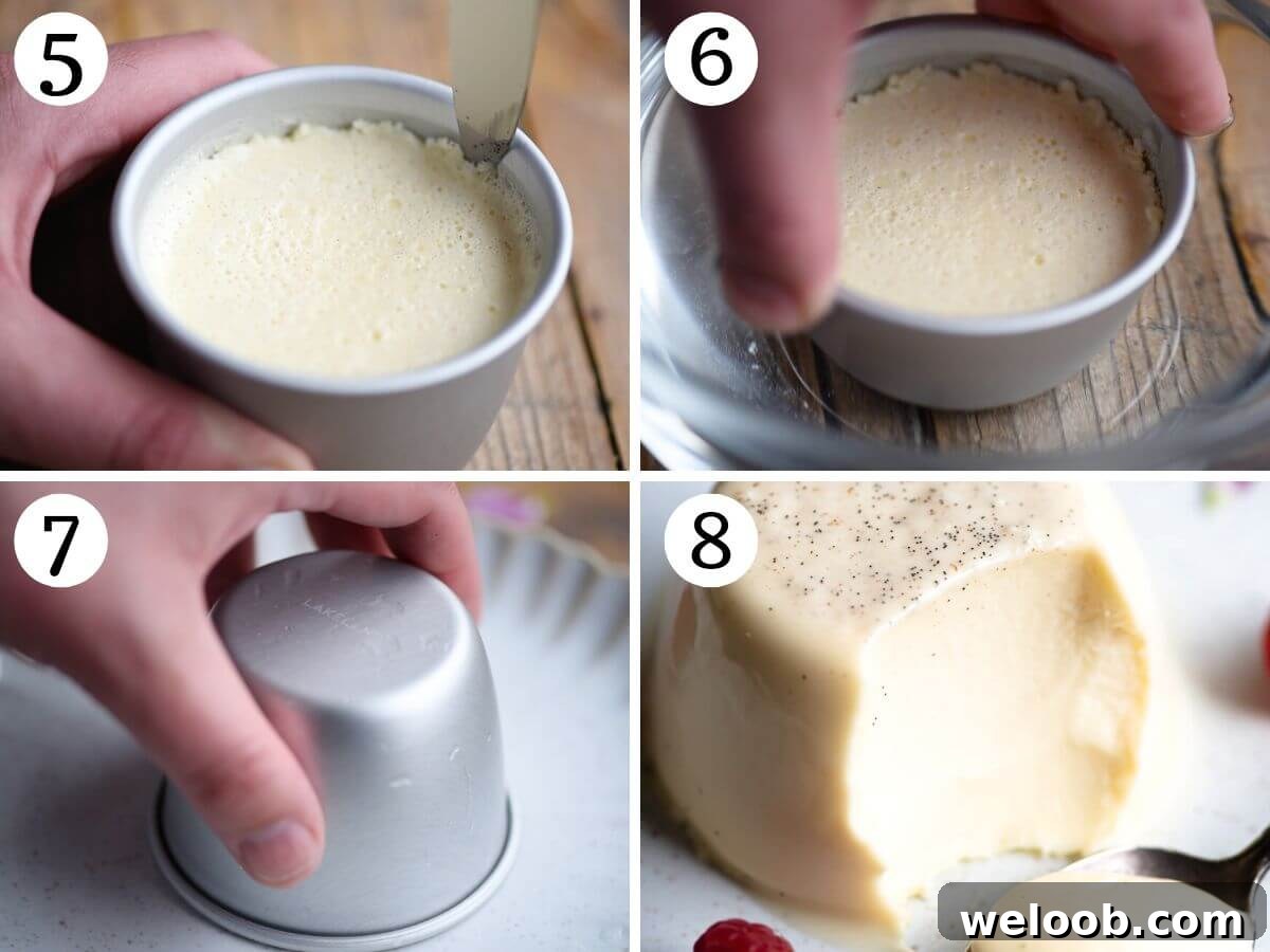 Four photos in a collage showing how to remove panna cotta from moulds.
