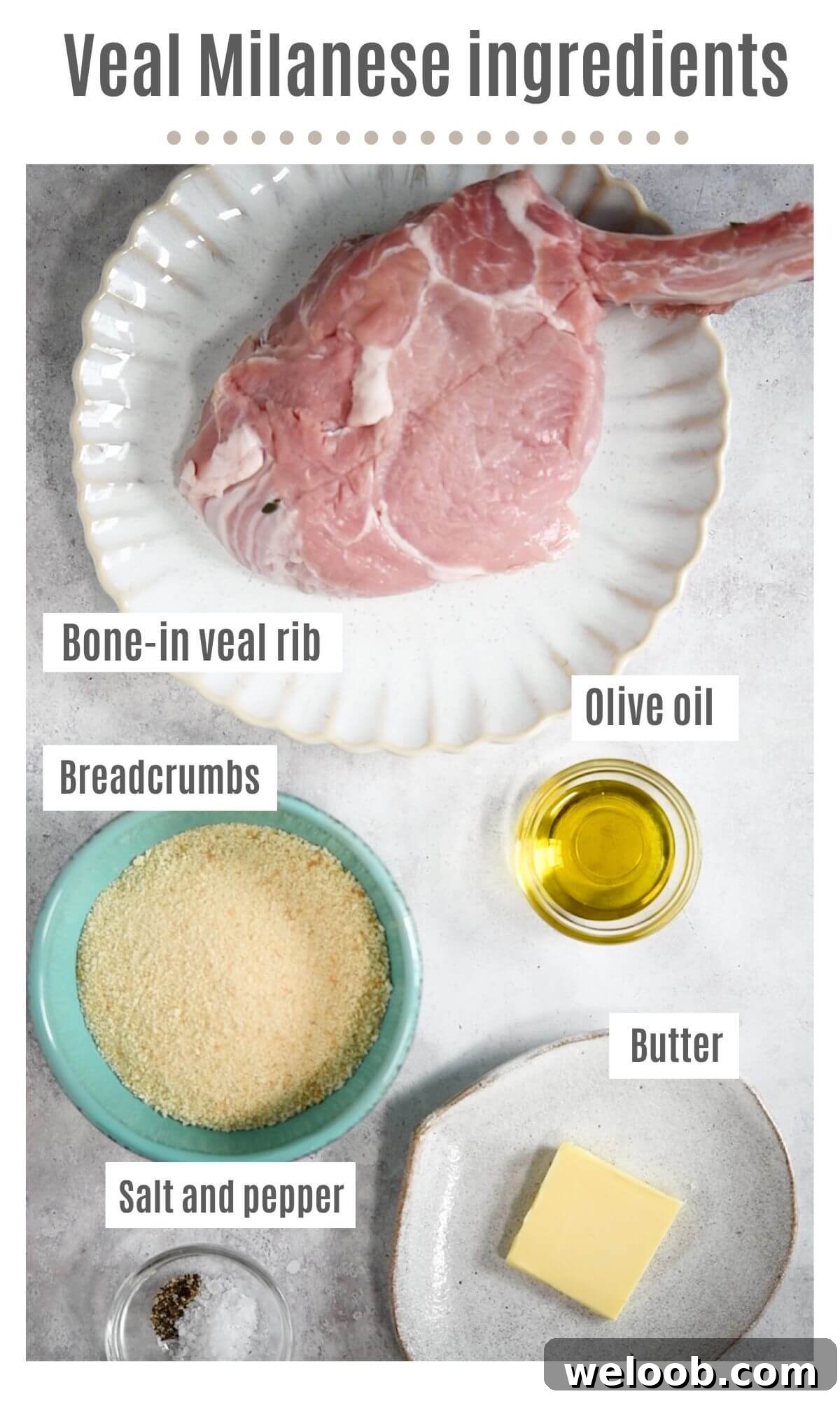 An overhead shot of all the ingredients needed to make Veal Milanese.
