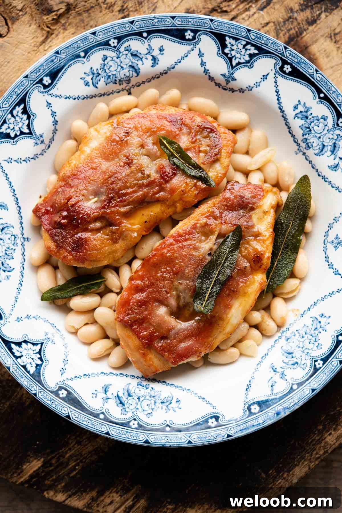 Two pieces of chicken saltimbocca on a plate on top of cannellini beans.