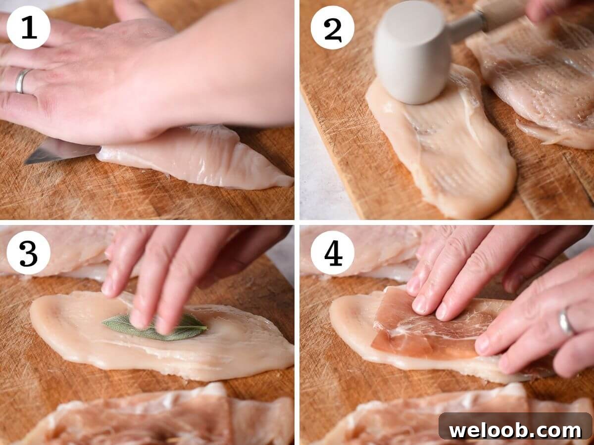 Four photos in a collage showing how to prepare chicken for saltimbocca.