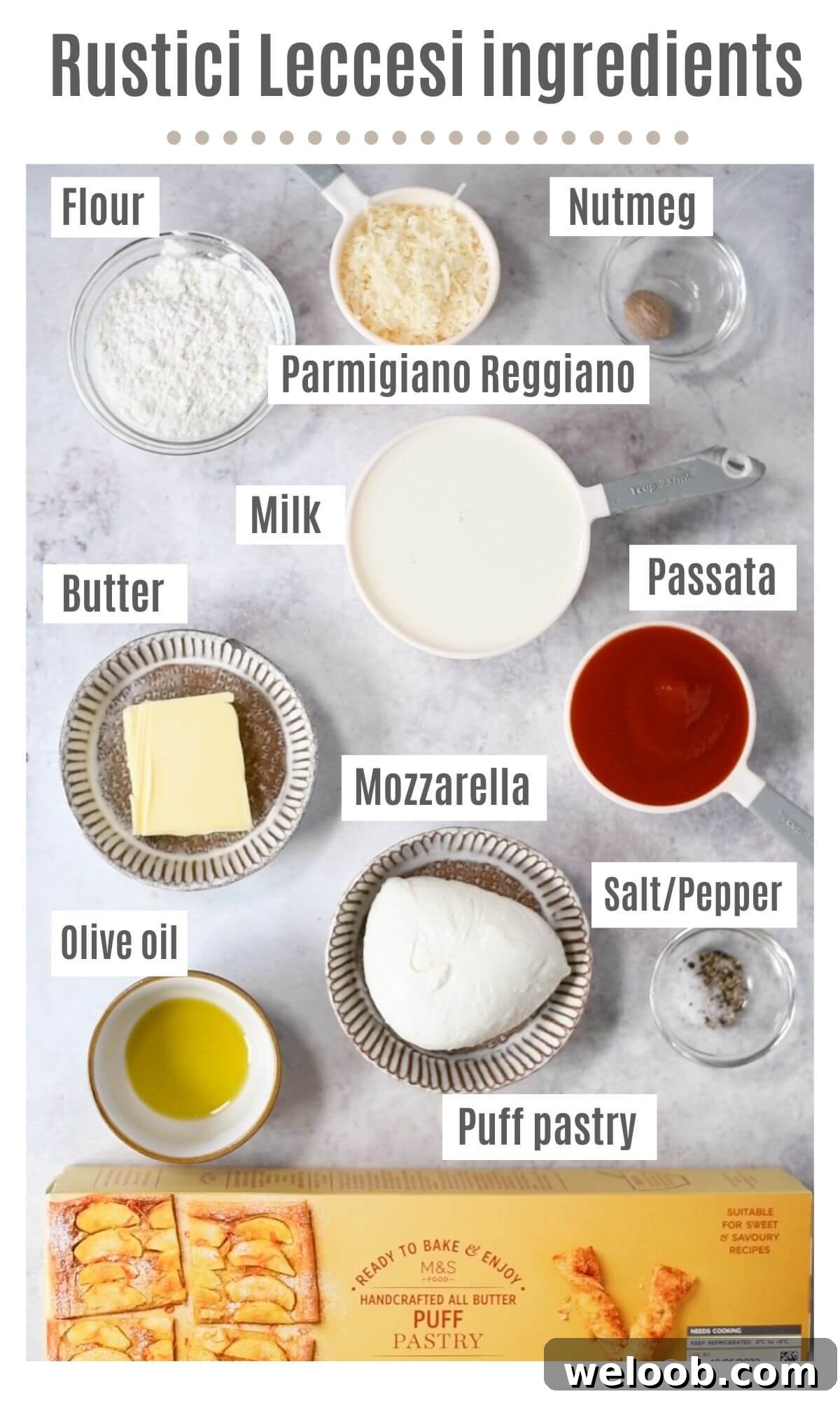 An overhead shot of all the ingredients needed to make Rustici Leccesi.