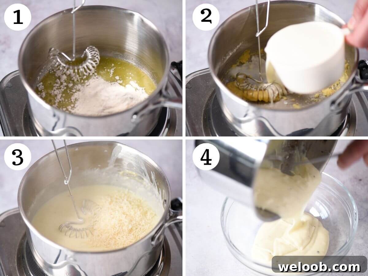 Four photos in a collage showing how to make white sauce.