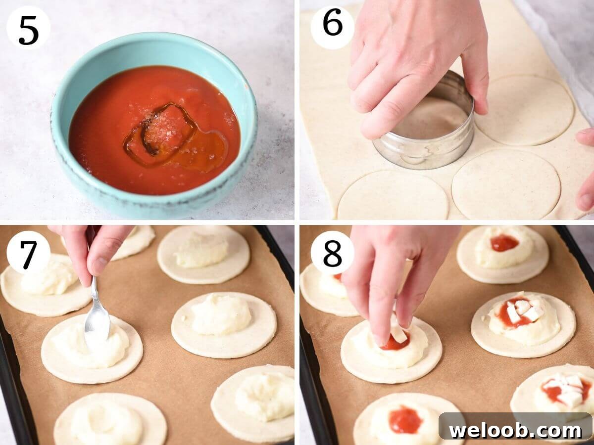 Four photos in a collage showing how to fill Rustici Leccesi pies.