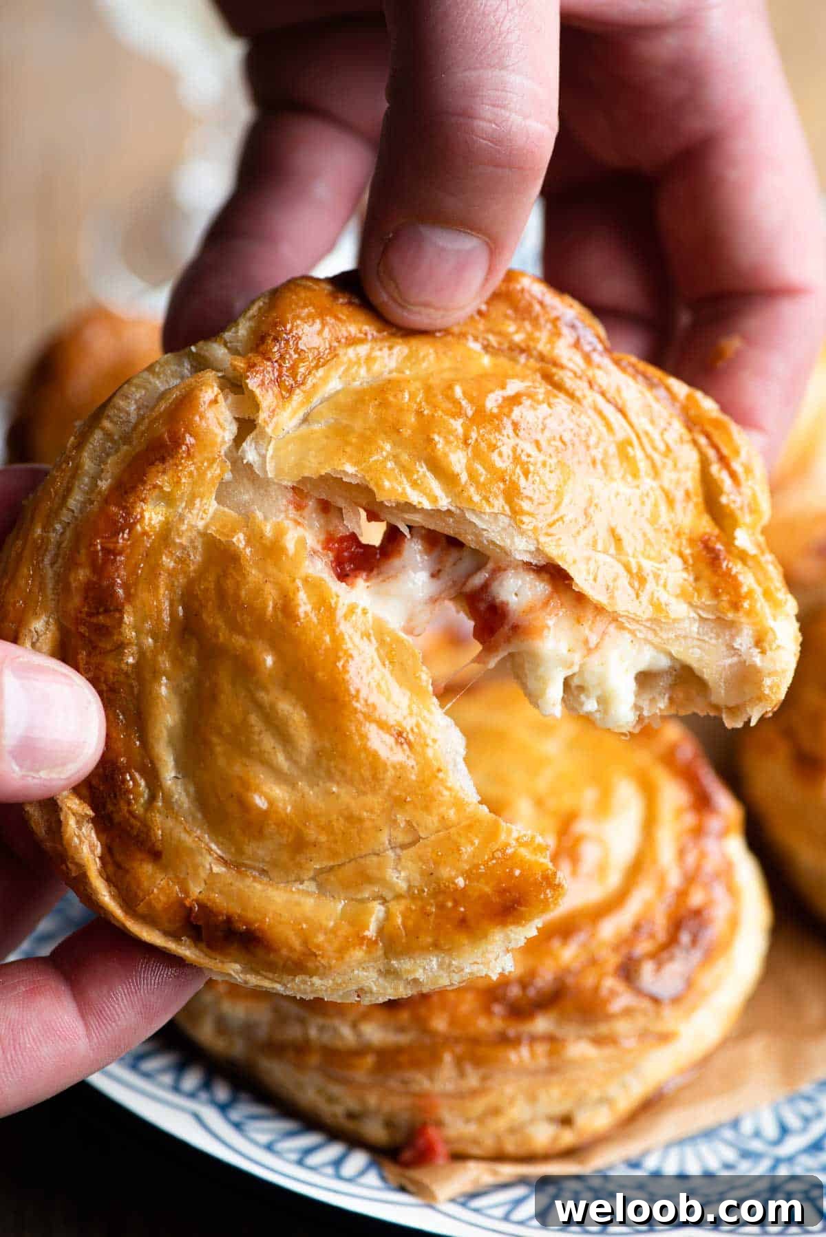 Two hands tearing open a Rustico Leccese with a cheesy tomato filling oozing out.