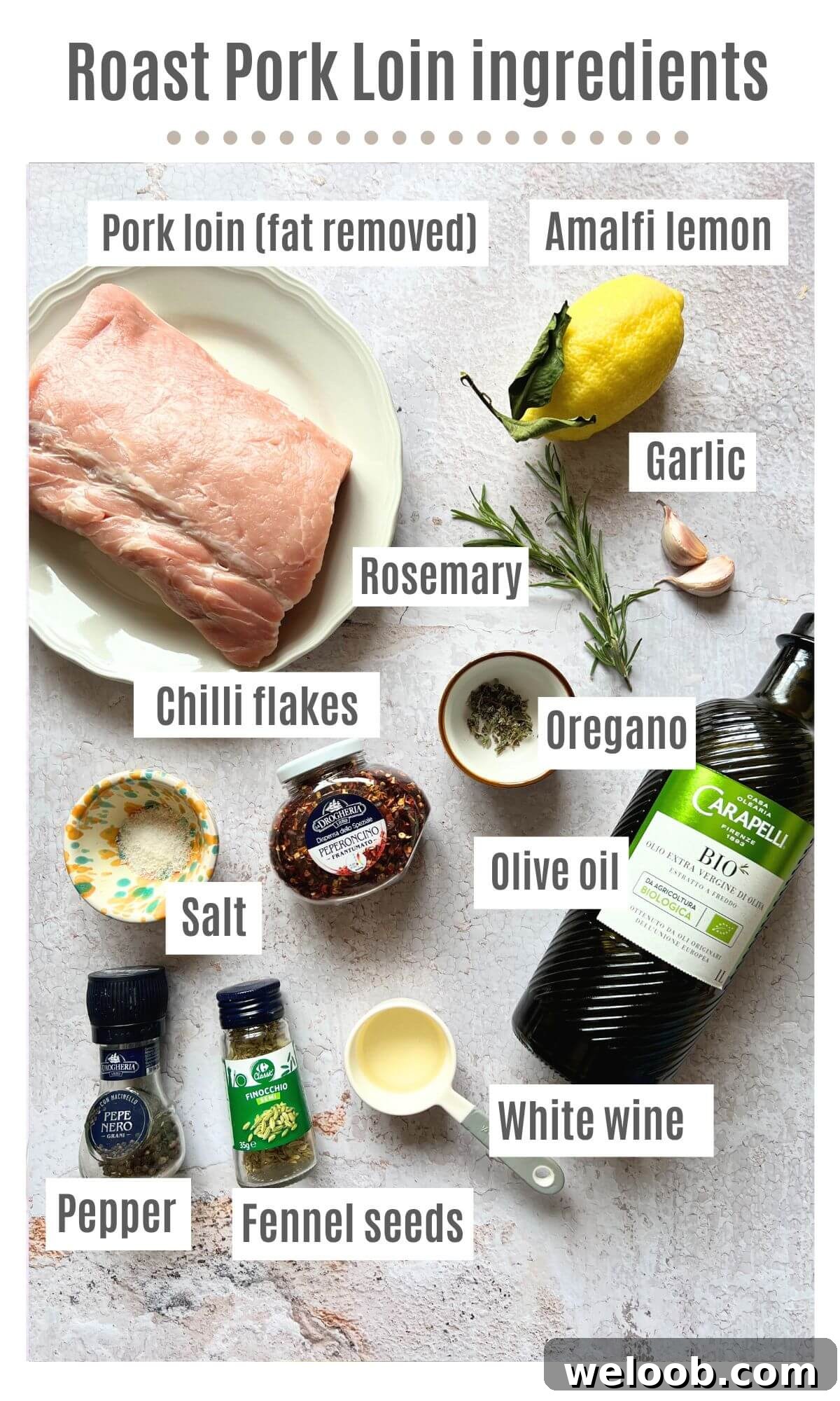 An overhead shot showing all the ingredients needed to make an Italian roast pork loin.