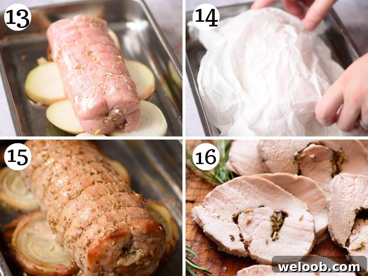 Four photos in a collage showing how to roast a pork loin.