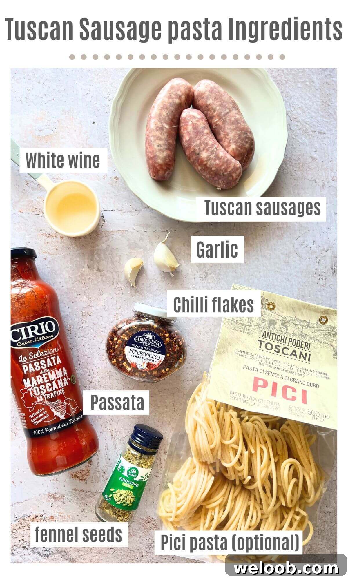 An overhead shot of all the ingredients needed to make Tuscan sausage pasta.