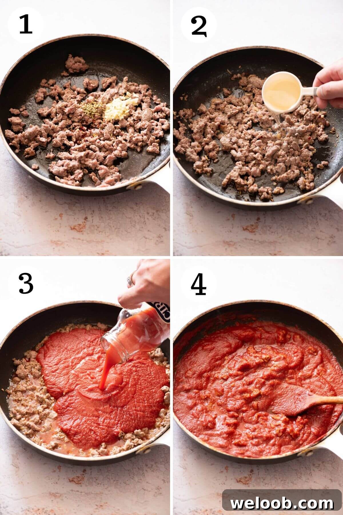Four photos in a collage showing how to make Tuscan sausage pasta from scratch.